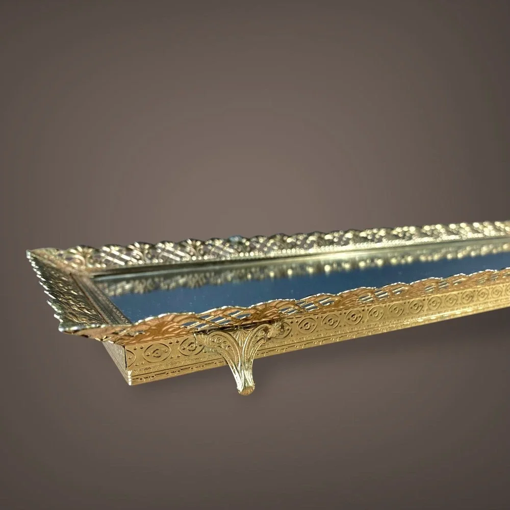 Gold Filigree Mirrored Vanity Tray Footed Hollywood Regency 1960s